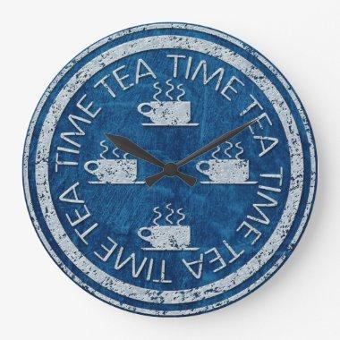 Tea Time Silver on Blue Large Clock