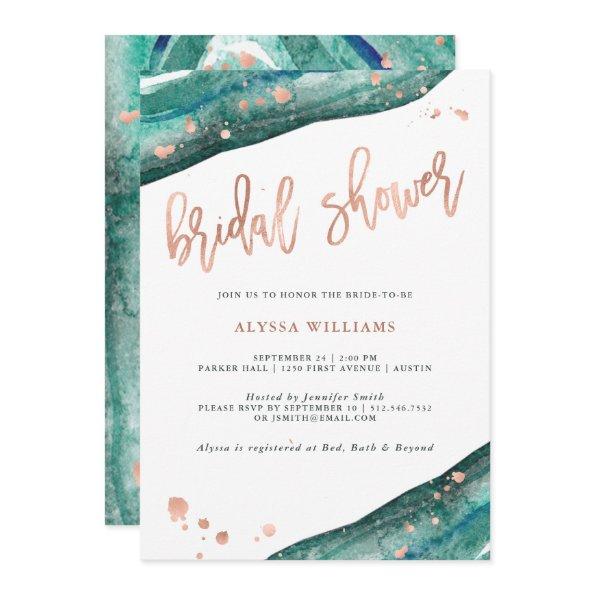 Teal and Faux Rose Gold Geode Bridal Shower Invitations