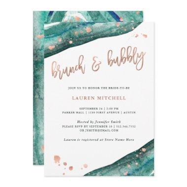 Teal and Faux Rose Gold Geode Brunch and Bubbly Invitations