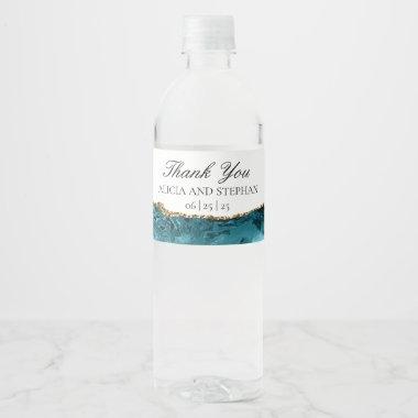 Teal and Gold Agate Wedding Water Bottle Labels