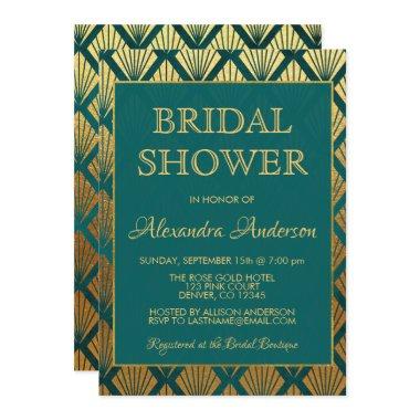 Teal and Gold Foil Elegant Art Deco Bridal Shower Invitations