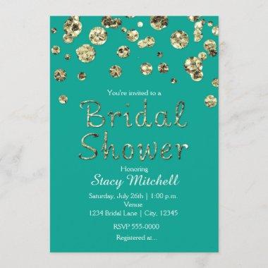 Teal and Gold Glitter Bridal Shower Invitations