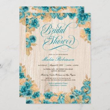 Teal and Gold Roses Elegant Rustic Bridal Shower Invitations