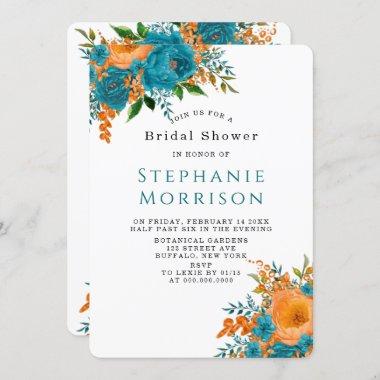 Teal and Orange Painted Floral Bridal Shower Invitations