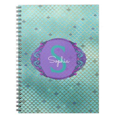 Teal and Purple Mermaid Scales Monogram School Notebook