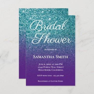 Teal and Purple Ombre Glitter Bridal Shower Invitations