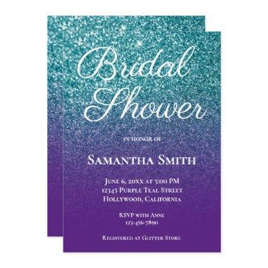 Teal and Purple Ombre Glitter Bridal Shower Invitations