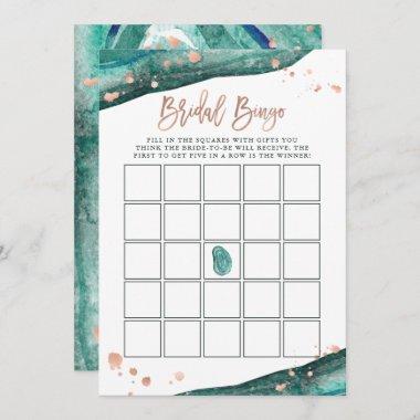 Teal and Rose Gold Geode Bridal Shower Bingo Game Invitations
