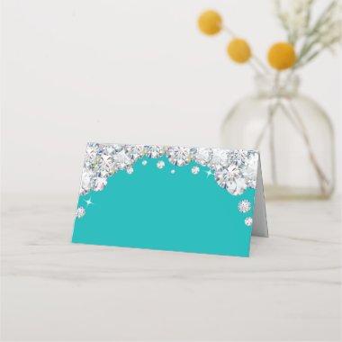 Teal and Silver Diamond Glitter Food Label Place Invitations