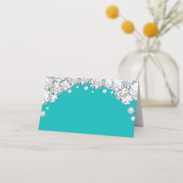 Teal and Silver Diamond Glitter Food Label Place Invitations