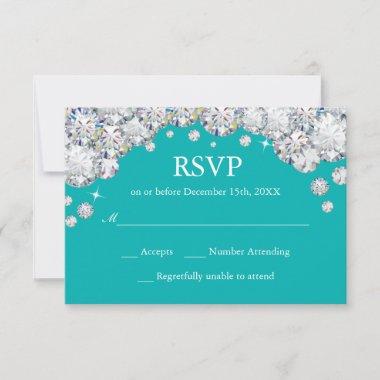 Teal and Silver Diamond Glitter RSVP Card