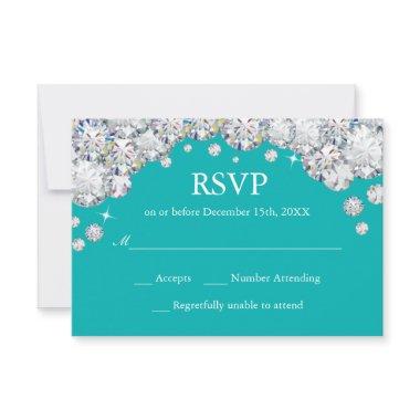 Teal and Silver Diamond Glitter RSVP Card