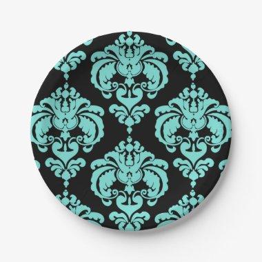 Teal Aqua & Black Damask Vintage Wedding Event Paper Plates