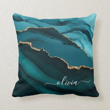 Teal Aqua Blue Agate Geode Gold Monogram Throw Pillow
