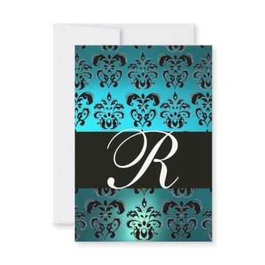 TEAL AQUA BLUE BLACK DAMASK MONOGRAM RSVP