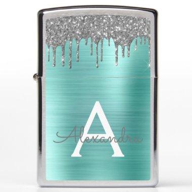 Teal Aqua Blue Foil Metallic Metal Monogram Zippo Lighter