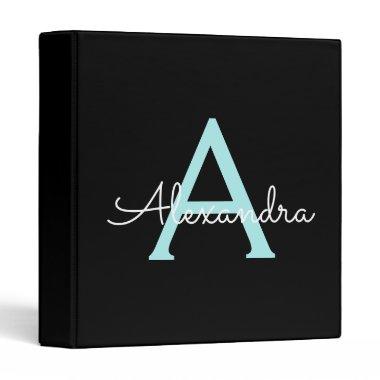 Teal Aqua Blue Girly Script Monogram Name Modern 3 Ring Binder