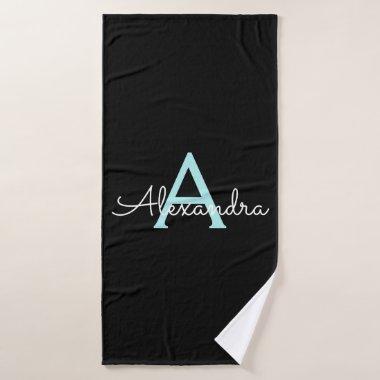 Teal Aqua Blue Girly Script Monogram Name Modern Bath Towel