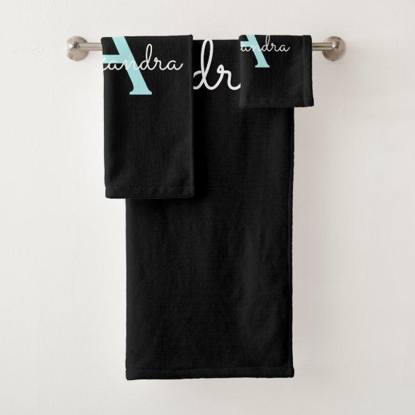 Teal Aqua Blue Girly Script Monogram Name Modern Bath Towel Set