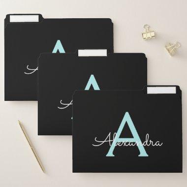 Teal Aqua Blue Girly Script Monogram Name Modern File Folder