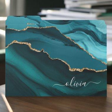 Teal Aqua Blue Green Agate Geode Gold Monogram File Folder