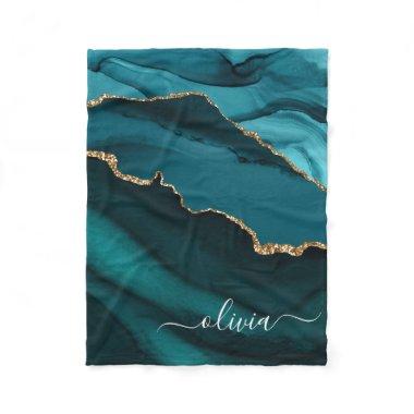 Teal Aqua Blue Green Agate Geode Gold Monogram Fleece Blanket