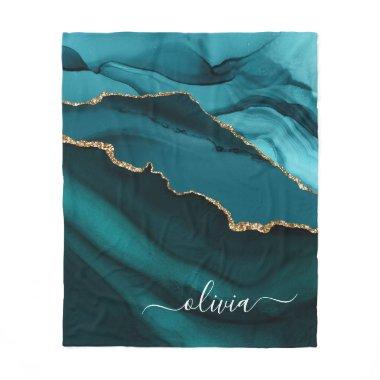 Teal Aqua Blue Green Agate Geode Gold Monogram Fleece Blanket