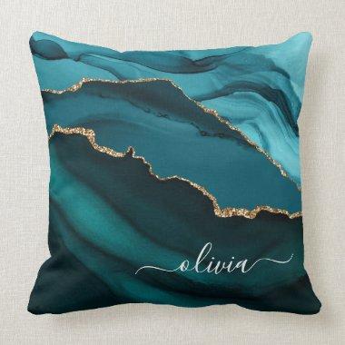 Teal Aqua Blue Green Agate Geode Gold Monogram Throw Pillow