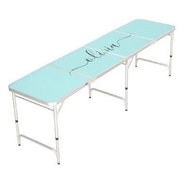 Teal Aqua Blue Modern Script Girly Monogram Name Beer Pong Table