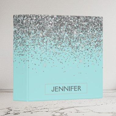 Teal Aqua Blue Silver Glitter Girly Monogram Name 3 Ring Binder