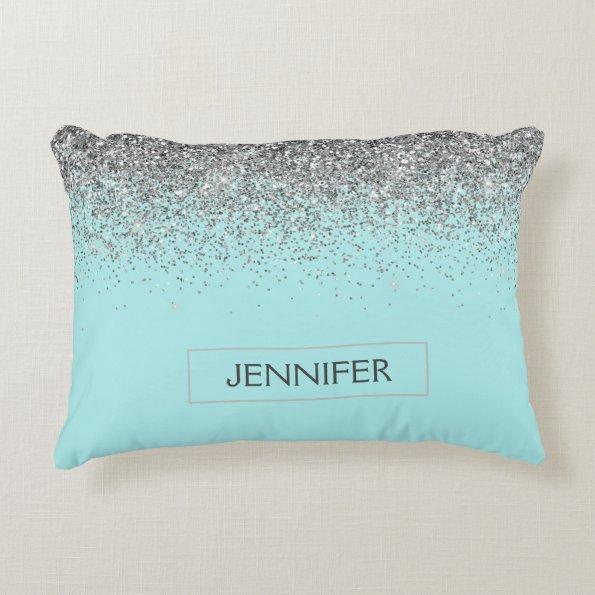 Teal Aqua Blue Silver Glitter Girly Monogram Name Accent Pillow