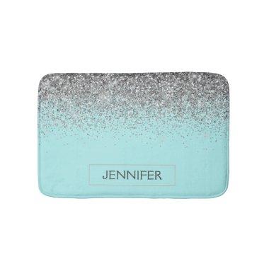 Teal Aqua Blue Silver Glitter Girly Monogram Name Bath Mat