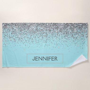 Teal Aqua Blue Silver Glitter Girly Monogram Name Beach Towel