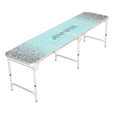 Teal Aqua Blue Silver Glitter Girly Monogram Name Beer Pong Table