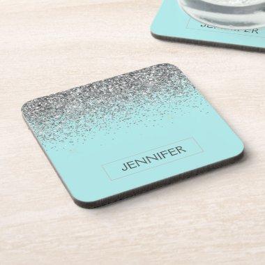 Teal Aqua Blue Silver Glitter Girly Monogram Name Beverage Coaster