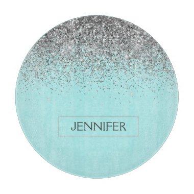 Teal Aqua Blue Silver Glitter Girly Monogram Name Cutting Board