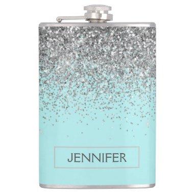 Teal Aqua Blue Silver Glitter Girly Monogram Name Flask