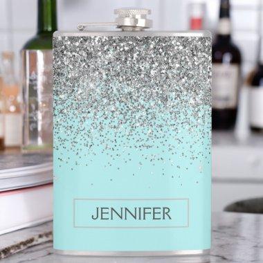 Teal Aqua Blue Silver Glitter Girly Monogram Name Flask