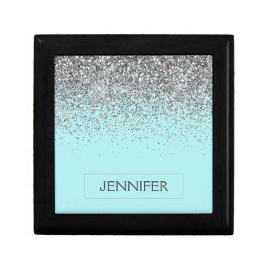 Teal Aqua Blue Silver Glitter Girly Monogram Name Gift Box