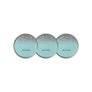 Teal Aqua Blue Silver Glitter Girly Monogram Name Golf Ball Marker