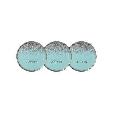 Teal Aqua Blue Silver Glitter Girly Monogram Name Golf Ball Marker