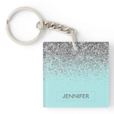 Teal Aqua Blue Silver Glitter Girly Monogram Name Keychain