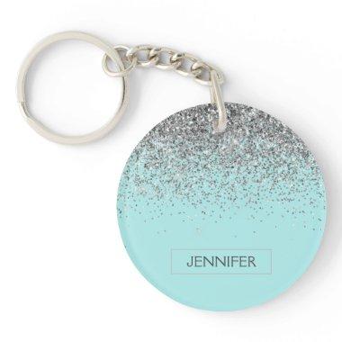 Teal Aqua Blue Silver Glitter Girly Monogram Name Keychain