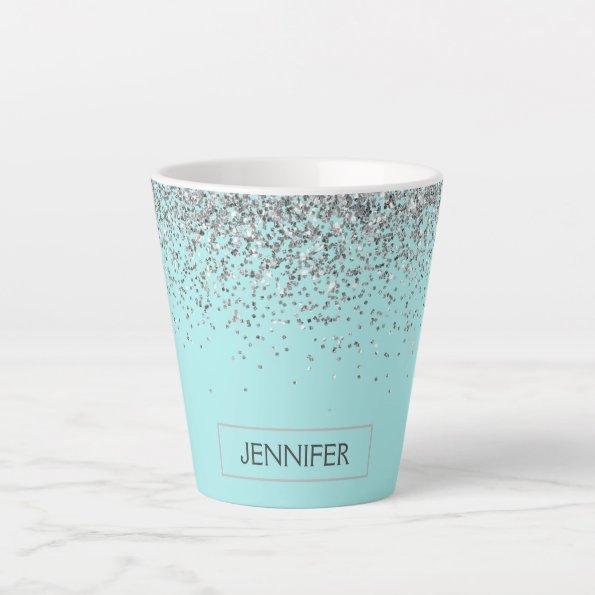 Teal Aqua Blue Silver Glitter Girly Monogram Name Latte Mug
