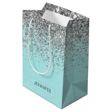 Teal Aqua Blue Silver Glitter Girly Monogram Name Medium Gift Bag