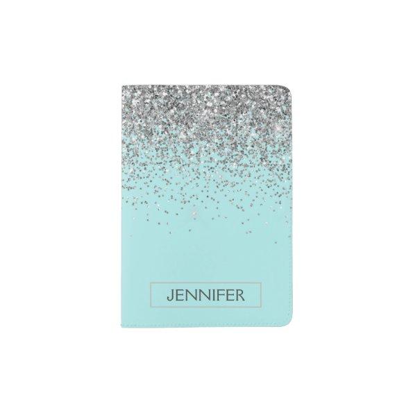Teal Aqua Blue Silver Glitter Girly Monogram Name Passport Holder