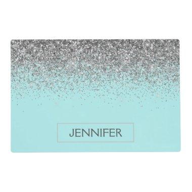 Teal Aqua Blue Silver Glitter Girly Monogram Name Placemat
