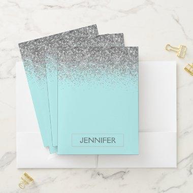Teal Aqua Blue Silver Glitter Girly Monogram Name Pocket Folder