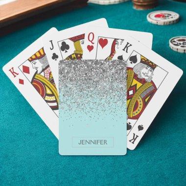 Teal Aqua Blue Silver Glitter Girly Monogram Name Poker