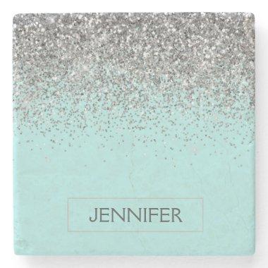 Teal Aqua Blue Silver Glitter Girly Monogram Name Stone Coaster
